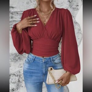 SHEIN Clasi Surplice Neck Lantern Sleeve Ruched Blouse